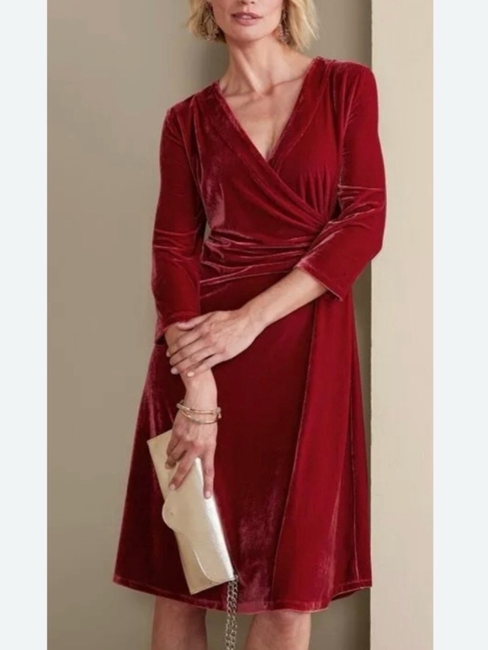 Soft Surroundings Hyannis Velvet Dress Red Wrap Ruched Romantic Holiday L C04